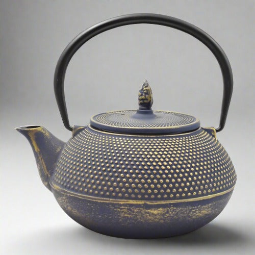 Teapot, Cast Iron with Trivet, Blue/Gold