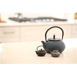 Teapot, Cast Iron with Trivet, Blue/Gold